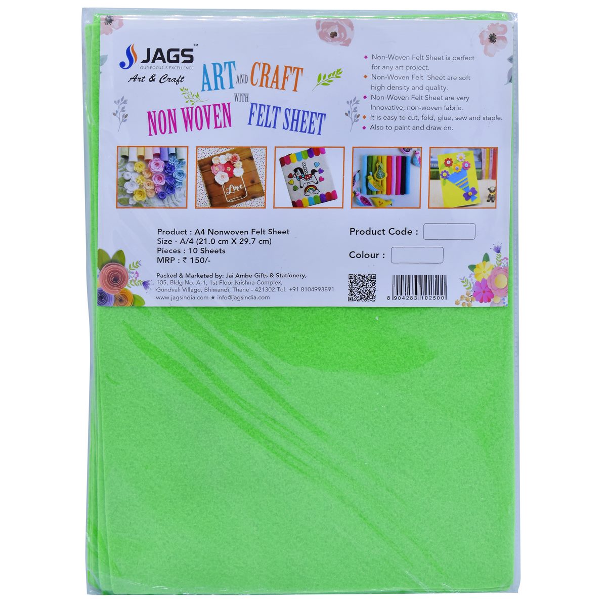 Gift To Love | Nonwoven Felt | Color : Light Green | Size : A4 | Pcs : 10 Sheets | Code : A4LGN102