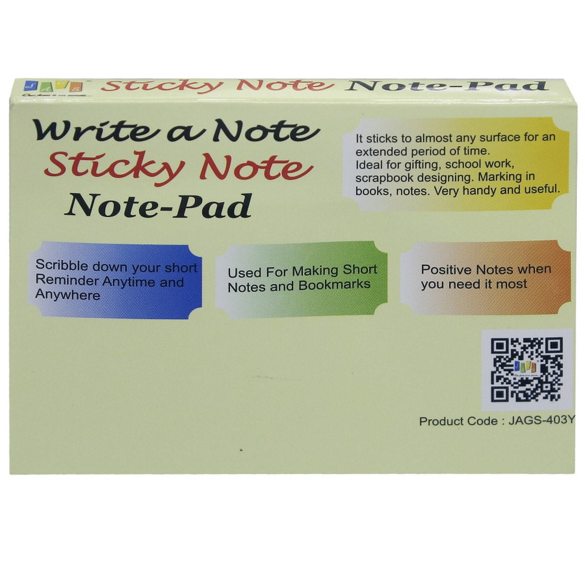 Gift To Love | Sticky Note Pad | Color : Yellow | Size : 75 X 100 Mm | Pcs : 100 Sheets | Code : JAGS-403Y