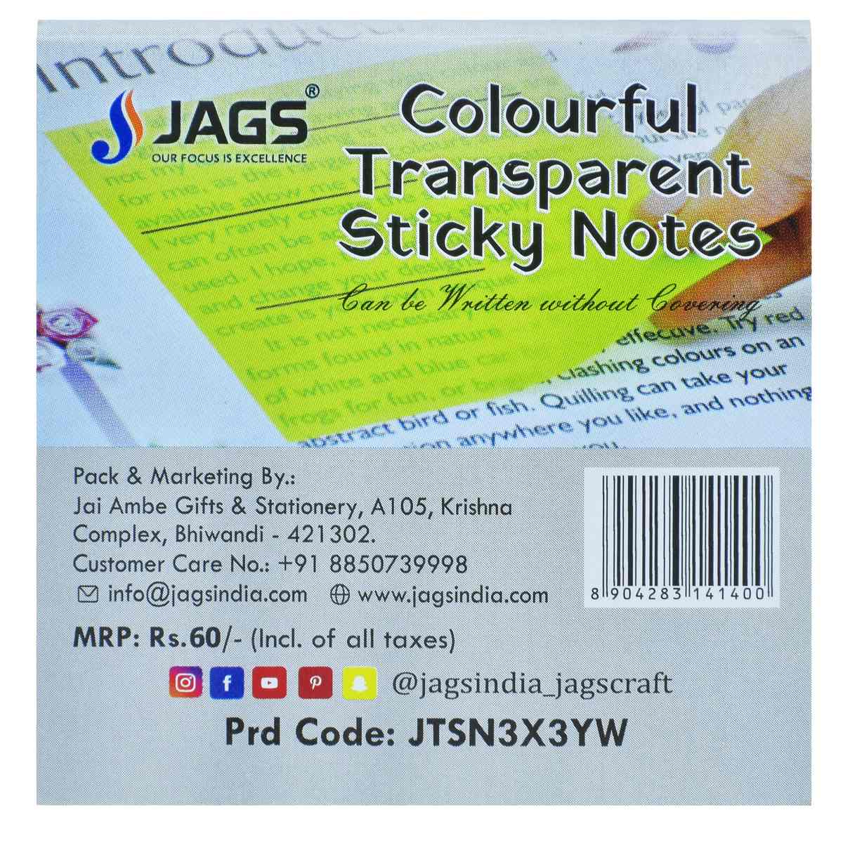 Gift To Love | Transparent Sticky Note | Color : Yellow | Size : 3 X 3 | Pcs : 50 Sheets | Code : JTSN3X3YW