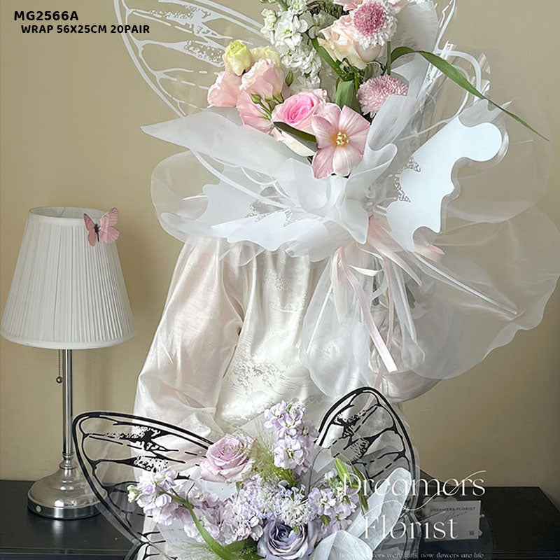 Gift To Love | Butterfly Wing Flower Wrap | Color : White | Size : 56 Cm X 25 Cm | Pcs : 20 Pair | Code : MG2566A