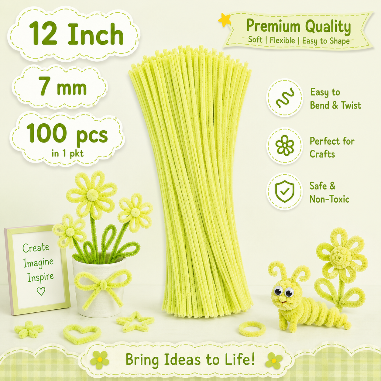 Gift To Love | Craft Pipe Cleaner Chenille Stem Soft Fuzzy Wire | Color : Pastel Yellow | Size : 7 Mm X 30 Cm | Pcs : 100 Pcs | Code : MG3810