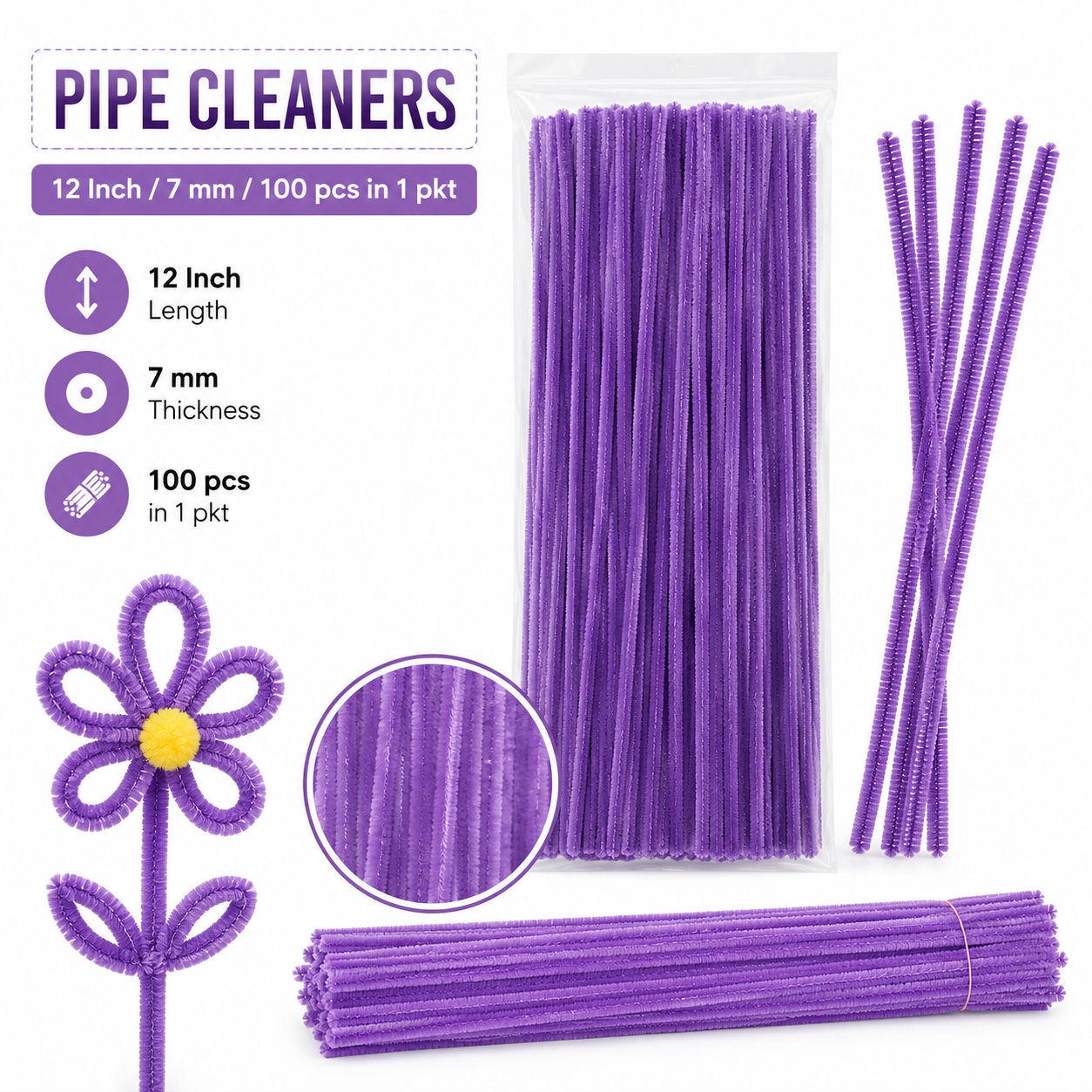 Gift To Love | Craft Pipe Cleaner | Color : Light Purple | Size : 7 Mm X 30 Cm | Pcs : 100 Pcs | Code : MG3884