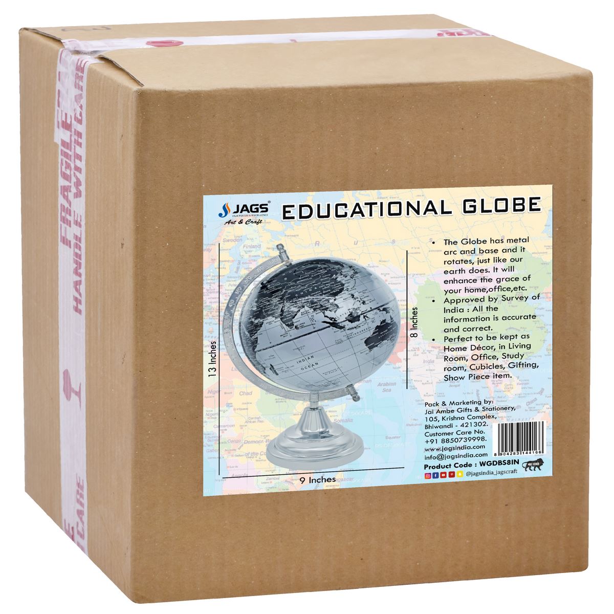 Gift To Love | World Globe Decorative | Color : Black Silver | Size : 8 Inch | Code : WGDBS8IN