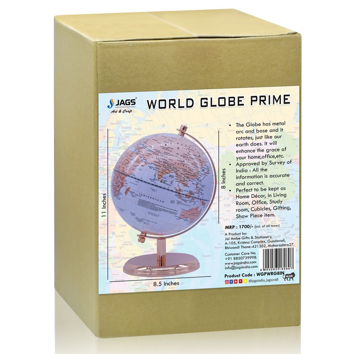 Gift To Love | World Globe Prime | Color : White Rose Gold | Size : 8 Inch | Code : WGPWRG8IN