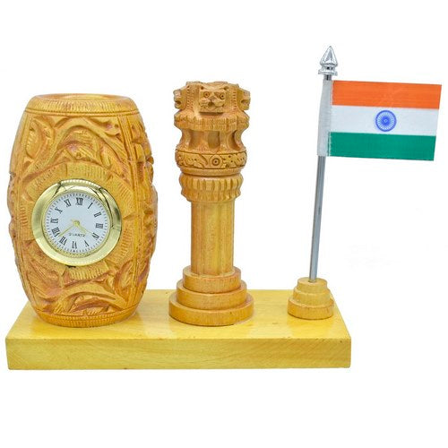 Gift To Love | Wooden Table Top Pen Stand With Ashokchakra | Code : WTTP01