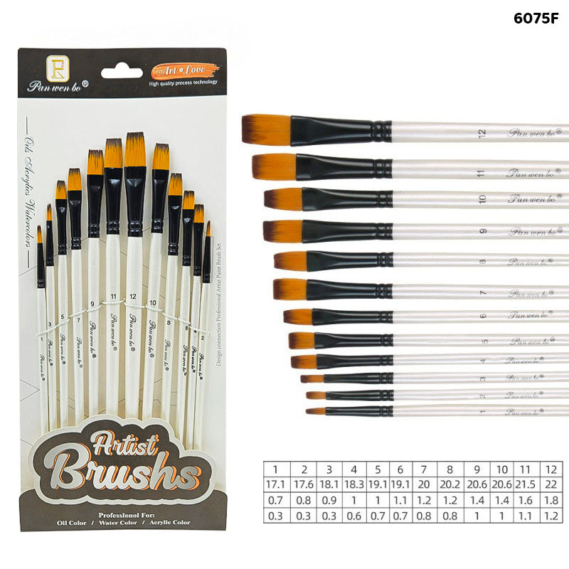 6075F 12Pc Paint Brush White Handle Flat