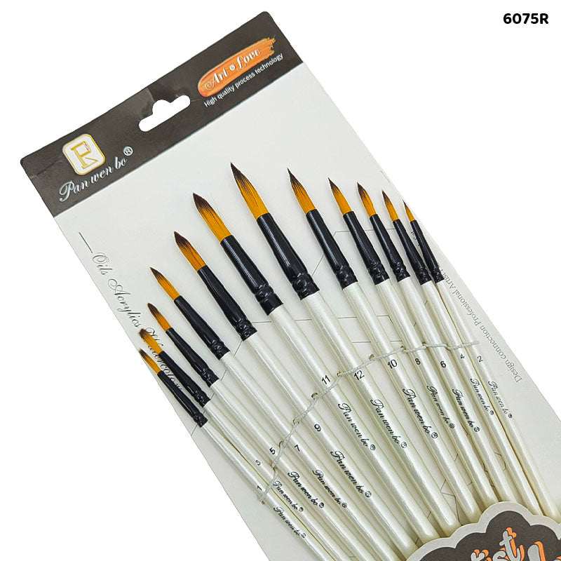 6075R 12Pc Paint Brush White Handle Round