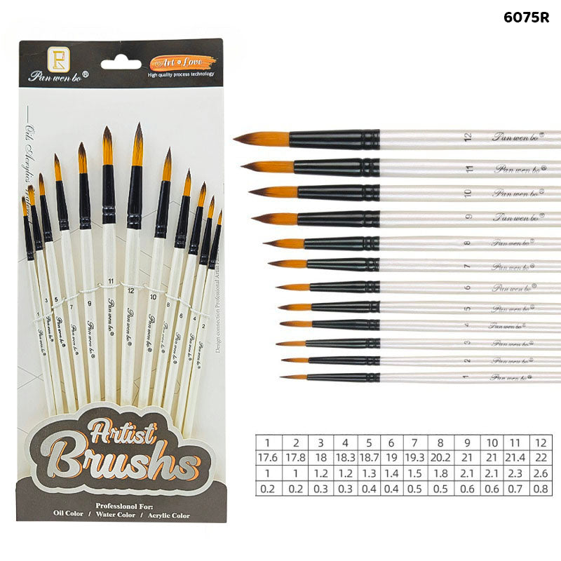 6075R 12Pc Paint Brush White Handle Round