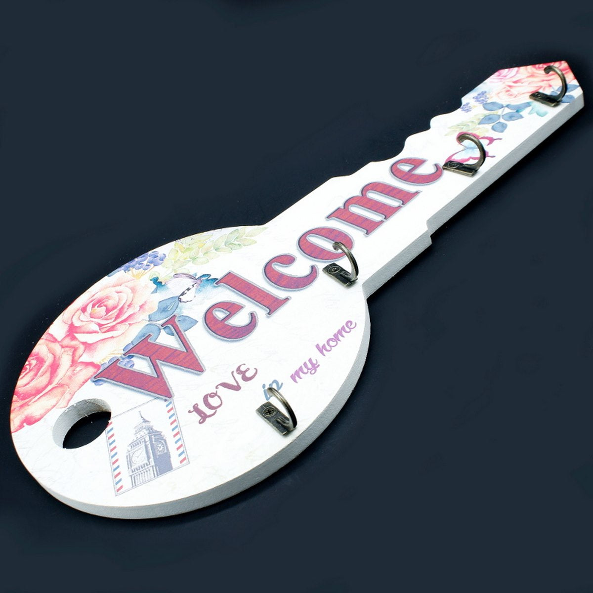 Gift To Love | Wooden Hook Printed Fancy Welcome Key | Size : Small | Code : 7755-5