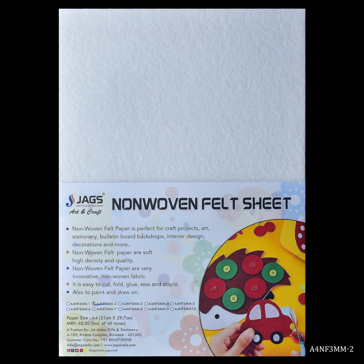 Gift To Love | A4 Nonwoven Felt Sheet | Color : White | Size : 3 Mm | Code : A4NF3MM-2