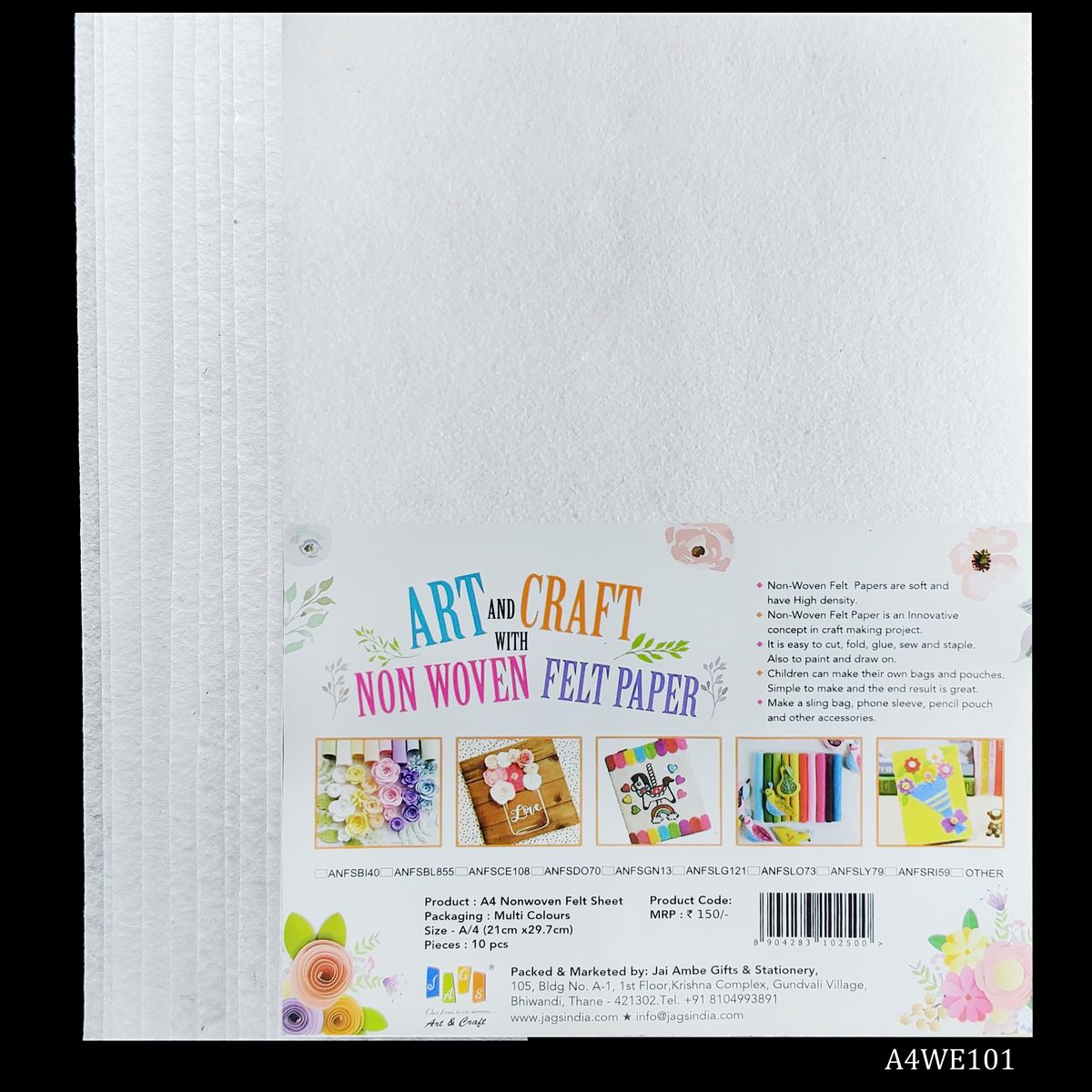 Gift To Love | A4 Nonwoven Felt Sheet | Color : White | Pcs : 10 Sheets | Code : A4WE101