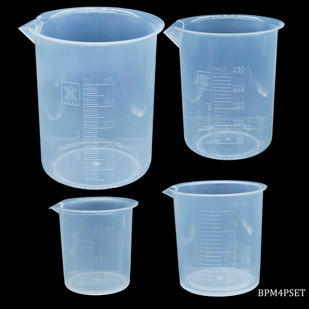 Gift To Love | Beaker Plastic Measuring | Size : 50/100/250/500 Ml | Pcs : 4 Pcs Set | Code : BPM4PSET