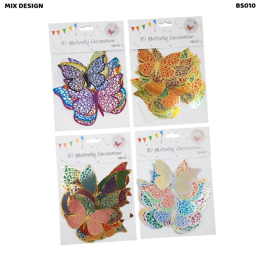 Gift To Love | 3D Butterfly Metallic Sticker | Color : Colorful | Pcs : 12 Pcs | Code : BS010
