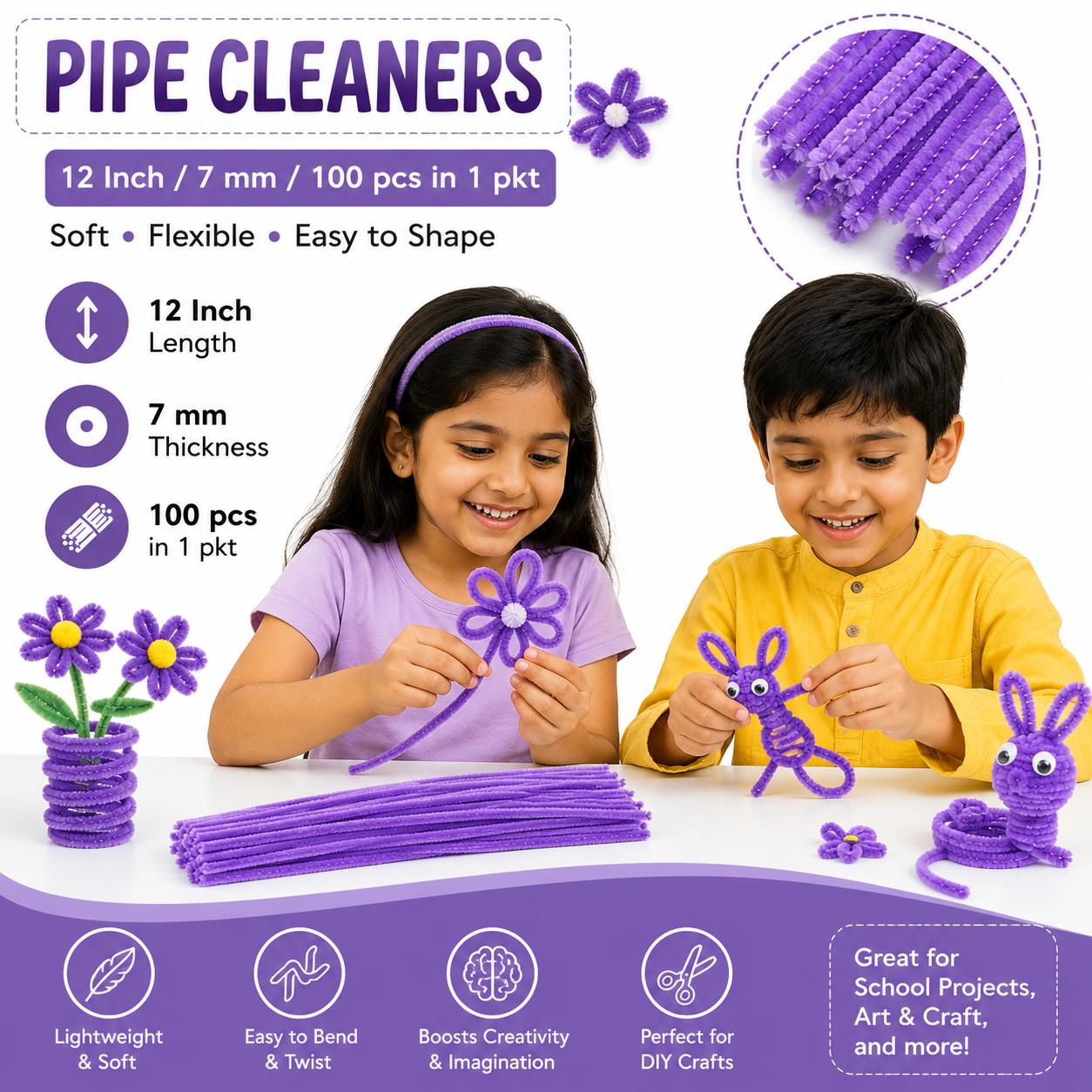 Gift To Love | Craft Pipe Cleaner | Color : Light Purple | Size : 7 Mm X 30 Cm | Pcs : 100 Pcs | Code : MG3884