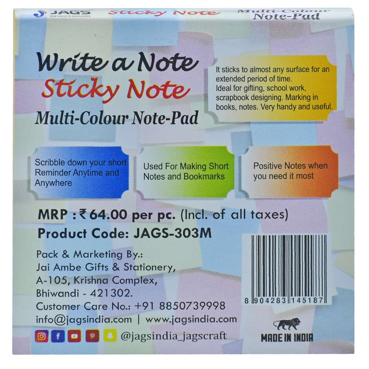 Gift To Love | Sticky Note Pad Neon Multi Colour | Pcs : 100 Sheets | Code : JAGS-303M
