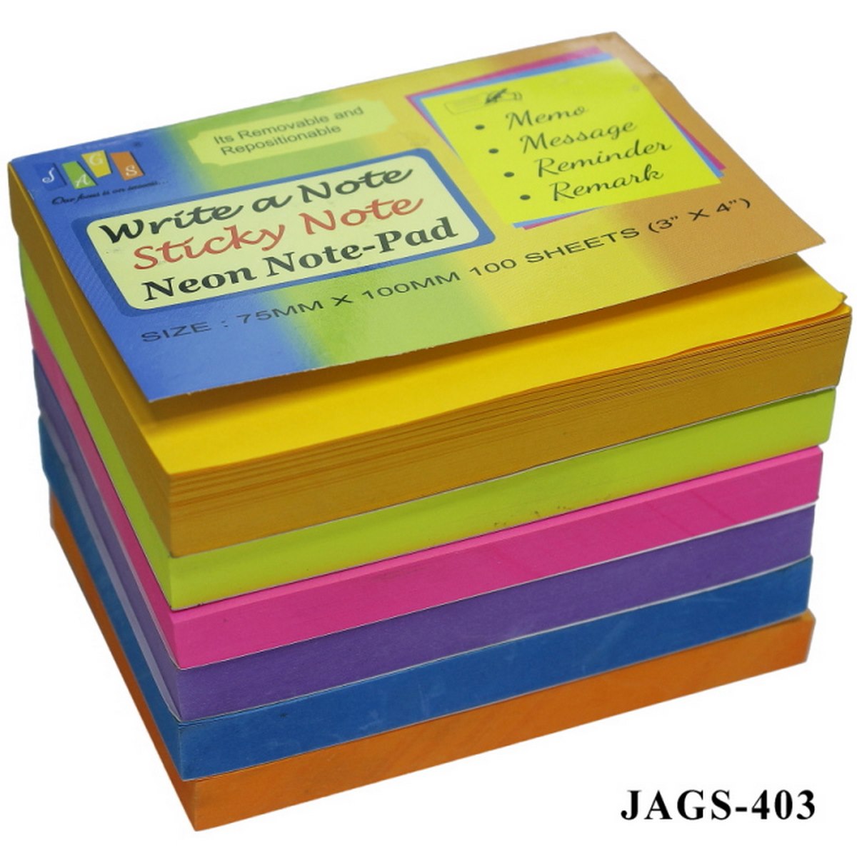 Gift To Love | Sticky Notepad Neon | Size : 75 X 100 Mm | Pcs : 100 Sheets | Code : JAGS-403