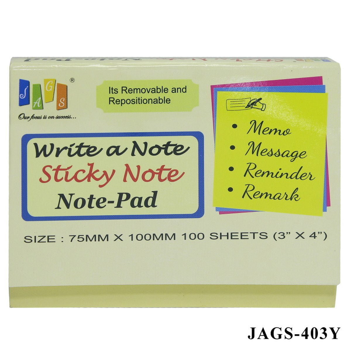 Gift To Love | Sticky Note Pad | Color : Yellow | Size : 75 X 100 Mm | Pcs : 100 Sheets | Code : JAGS-403Y