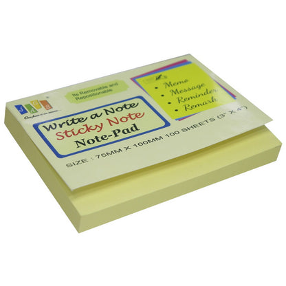 Gift To Love | Sticky Note Pad | Color : Yellow | Size : 75 X 100 Mm | Pcs : 100 Sheets | Code : JAGS-403Y