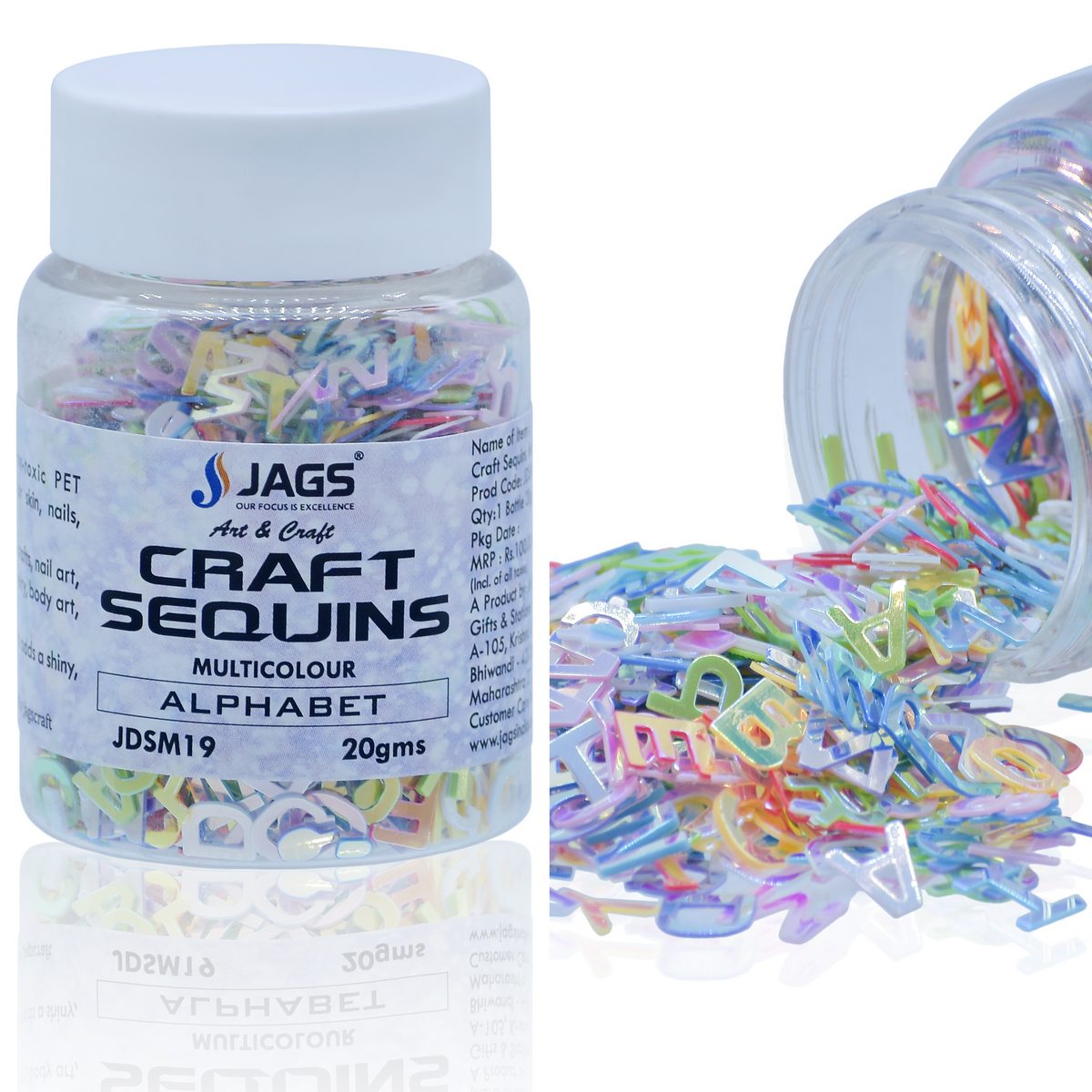 Gift To Love | Craft Sequins Alphabet | Color : Multi Colour | Size : 6 Mm | Pcs : 20 Gms | Code : JDSM19