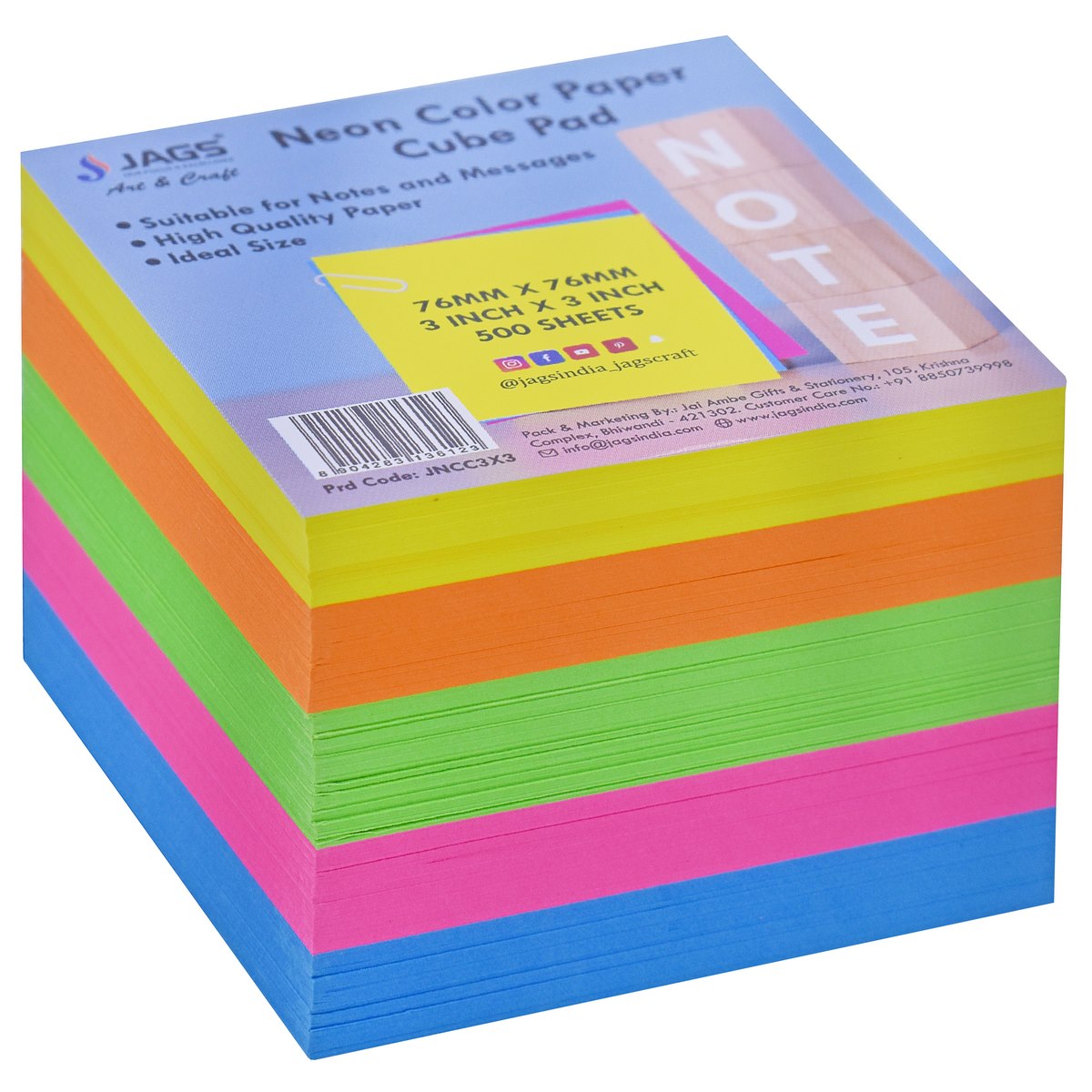 Gift To Love | Neon Color Cube Pad | Size : 3 X 3 Inch | Pcs : 500 Sheets | Code : JNCC3X3