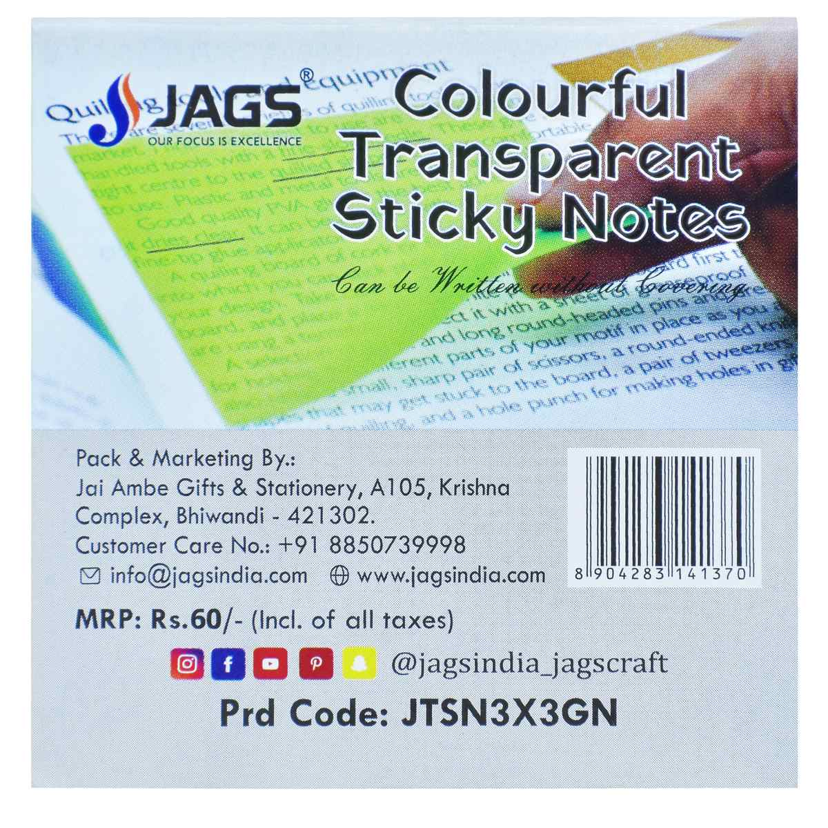 Gift To Love | Transparent Sticky Note | Color : Green | Size : 3 X 3 | Pcs : 50 Sheets | Code : JTSN3X3GN