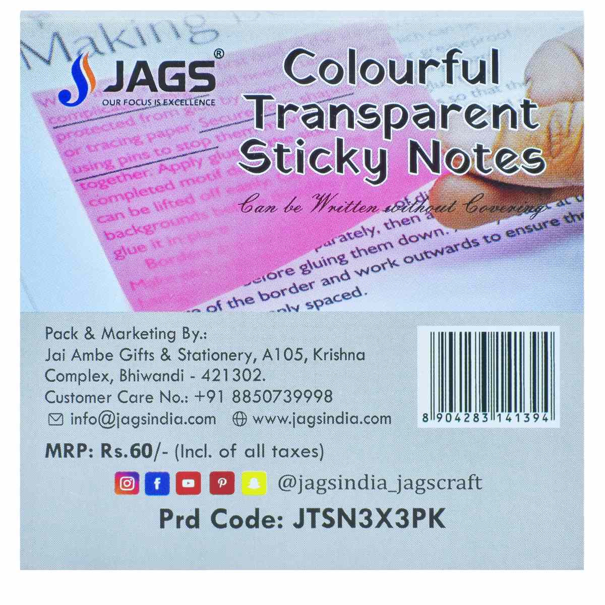 Gift To Love | Transparent Sticky Note | Color : Pink | Size : 3 X 3 | Pcs : 50 Sheets | Code : JTSN3X3PK