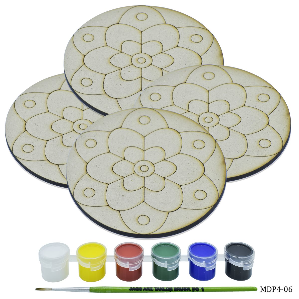 Gift To Love | Mdf Diy Painting Kit Round Rangoli | Size : 4 Inch | Pcs : 4 Pcs | Code : MDP4-06
