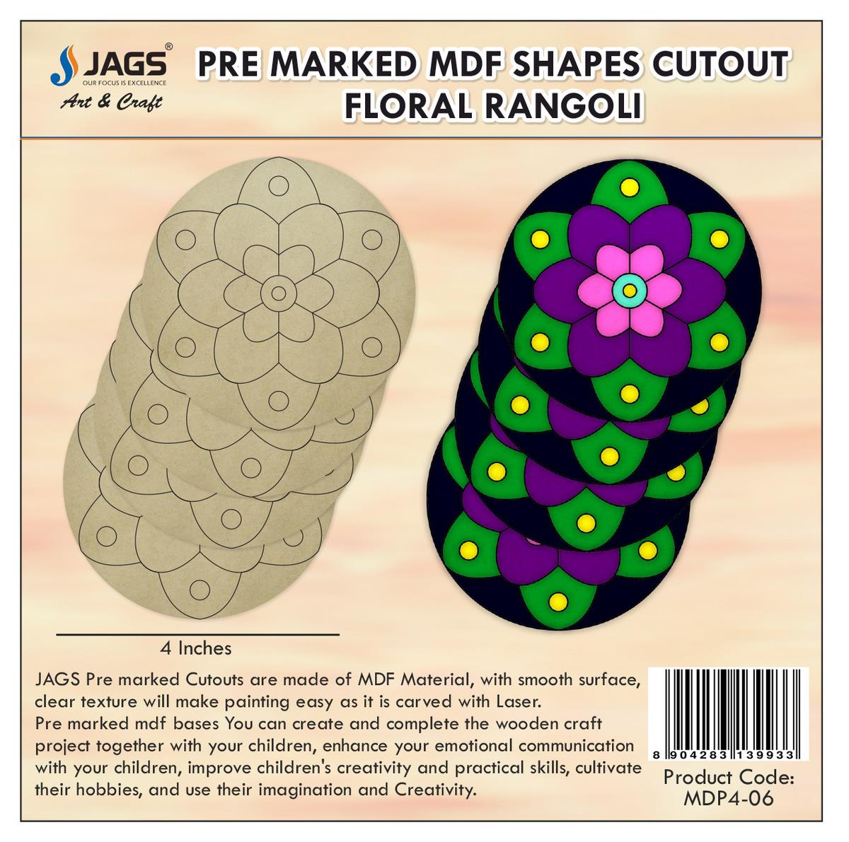 Gift To Love | Mdf Diy Painting Kit Round Rangoli | Size : 4 Inch | Pcs : 4 Pcs | Code : MDP4-06
