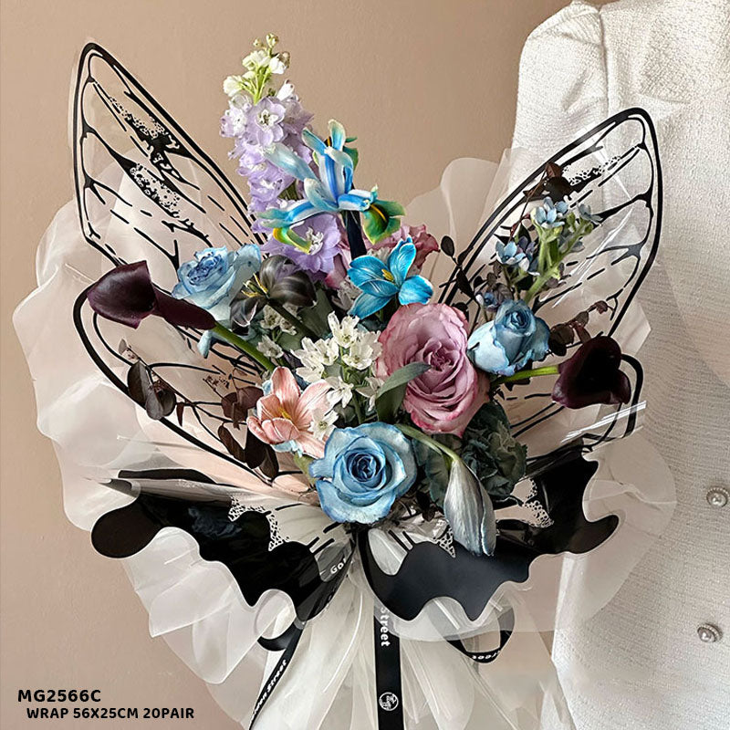 Gift To Love | Butterfly Wing Flower Wrap | Color : Black | Size : 56 Cm X 25 Cm | Pcs : 20 Pair | Code : MG2566C