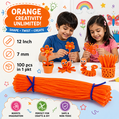 Gift To Love | Craft Pipe Cleaner | Color : Neon Orange | Size : 7 Mm X 30 Cm | Pcs : 100 Pcs | Code : MG3832