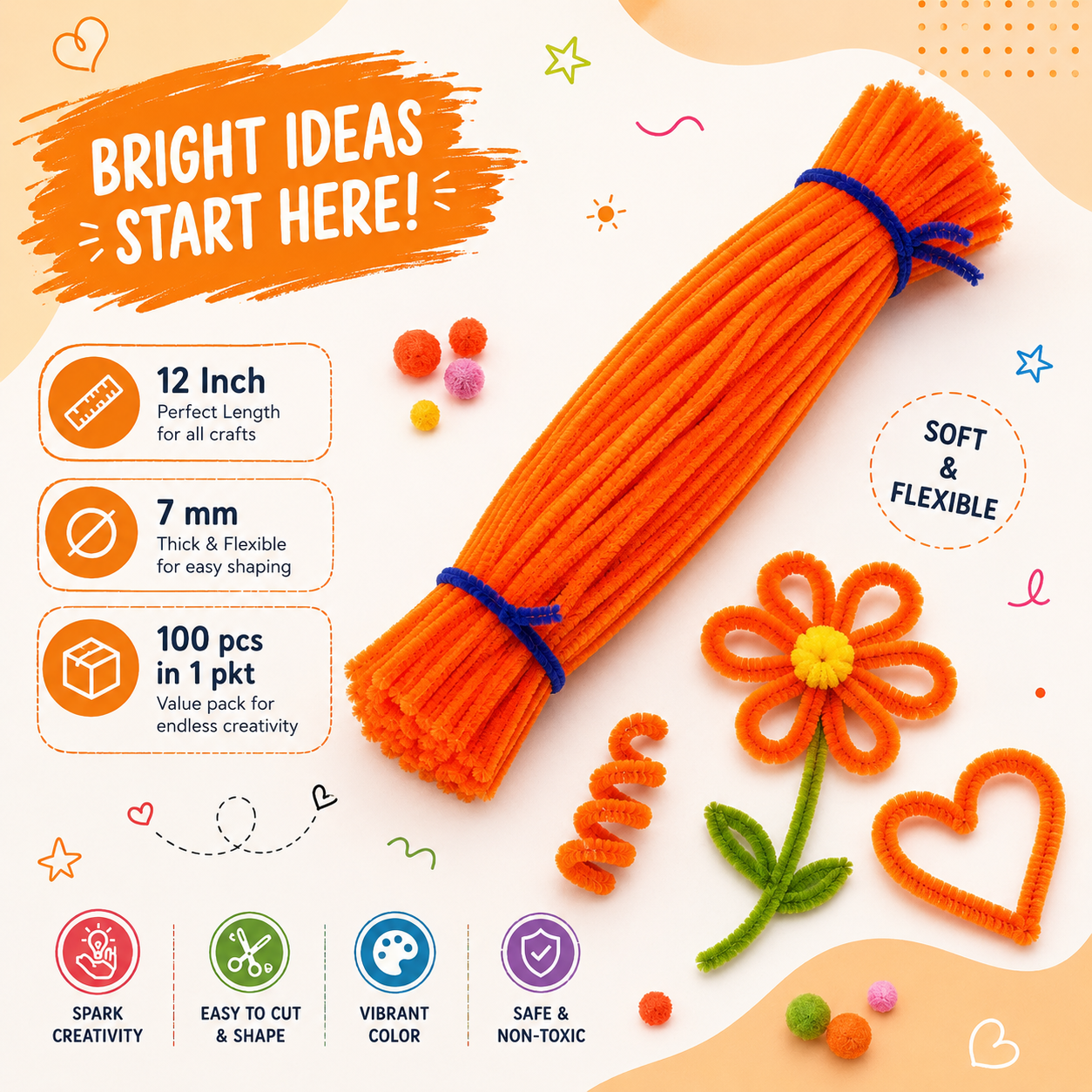 Gift To Love | Craft Pipe Cleaner | Color : Neon Orange | Size : 7 Mm X 30 Cm | Pcs : 100 Pcs | Code : MG3832