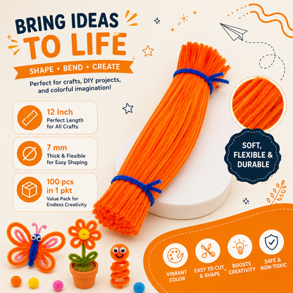 Gift To Love | Craft Pipe Cleaner | Color : Neon Orange | Size : 7 Mm X 30 Cm | Pcs : 100 Pcs | Code : MG3832
