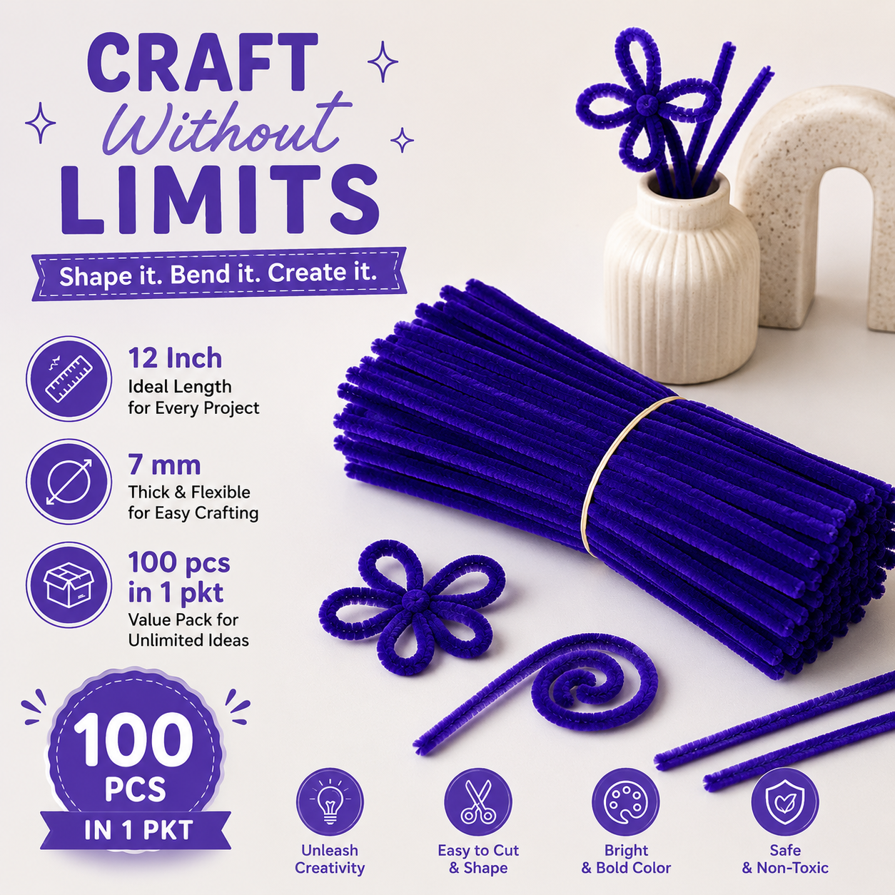 Gift To Love | Craft Pipe Cleaner | Color : Dark Blue | Size : 7 Mm X 30 Cm | Pcs : 100 Pcs | Code : MG3875