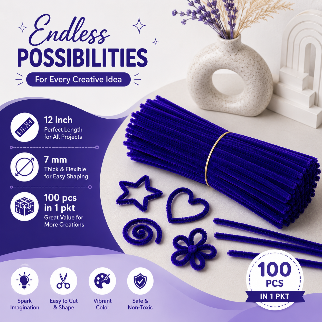 Gift To Love | Craft Pipe Cleaner | Color : Dark Blue | Size : 7 Mm X 30 Cm | Pcs : 100 Pcs | Code : MG3875