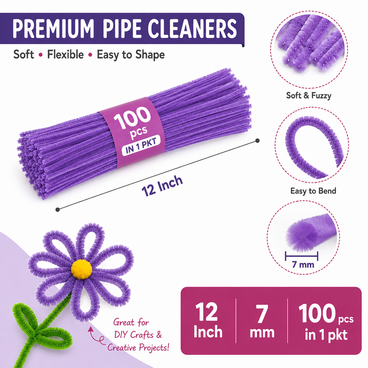 Gift To Love | Craft Pipe Cleaner | Color : Light Purple | Size : 7 Mm X 30 Cm | Pcs : 100 Pcs | Code : MG3884