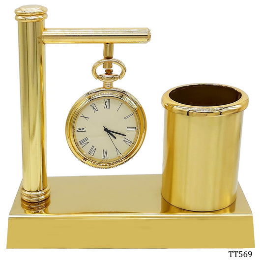 Gift To Love | Table  Pen Stand With Clock | Color : Full Gold | Code : TT569