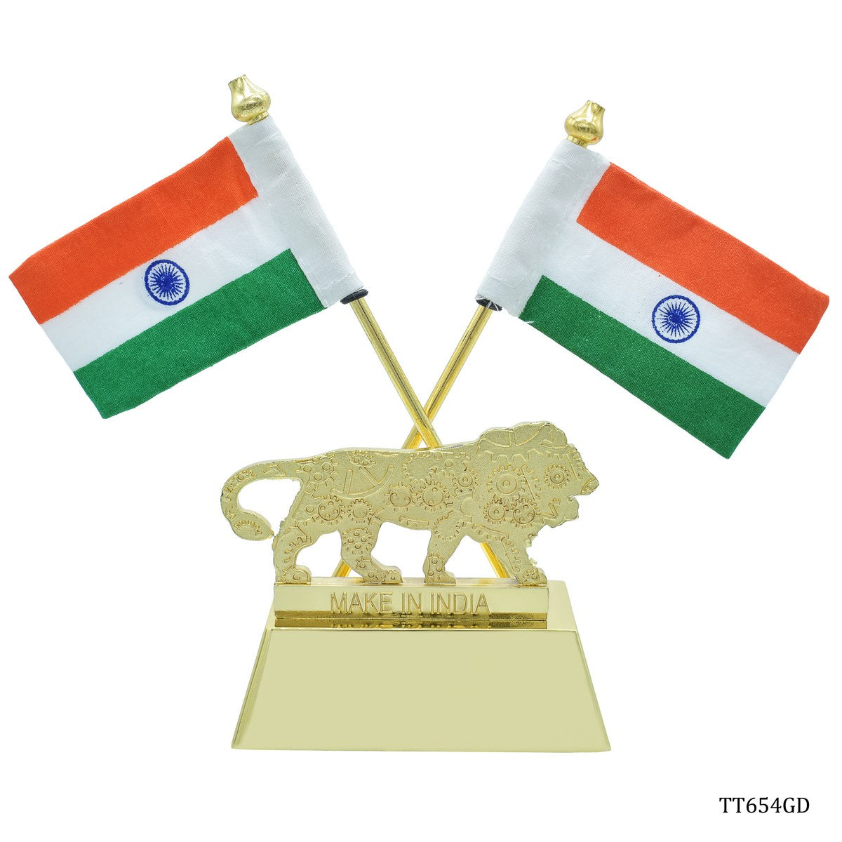 Gift To Love | Table  Cross Flag With Make In India | Color : Golden | Code : TT654GD