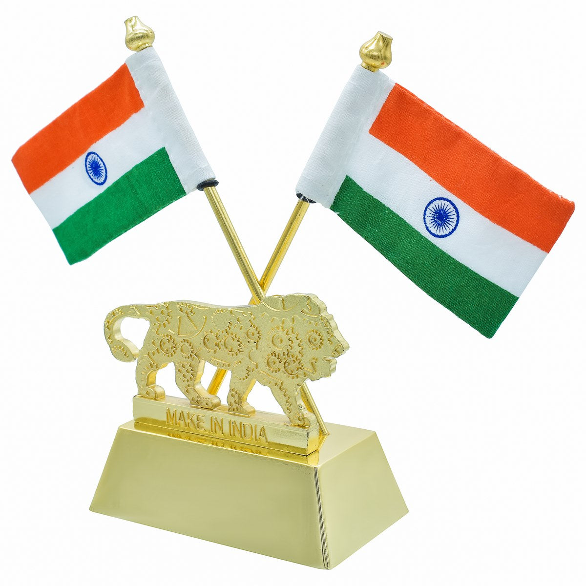 Gift To Love | Table  Cross Flag With Make In India | Color : Golden | Code : TT654GD