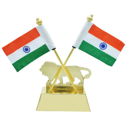 Gift To Love | Table  Cross Flag With Make In India | Color : Golden | Code : TT654GD