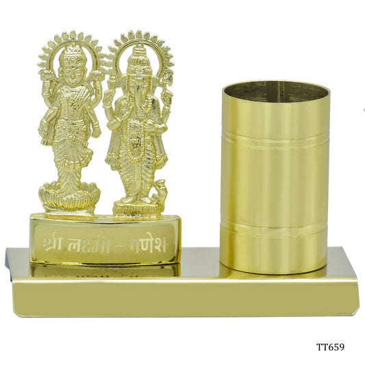 Gift To Love | Desktop Shri Laxmi Ganesh With Pen Stand | Color : Gold | Code : TT659