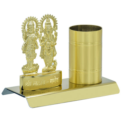 Gift To Love | Desktop Shri Laxmi Ganesh With Pen Stand | Color : Gold | Code : TT659