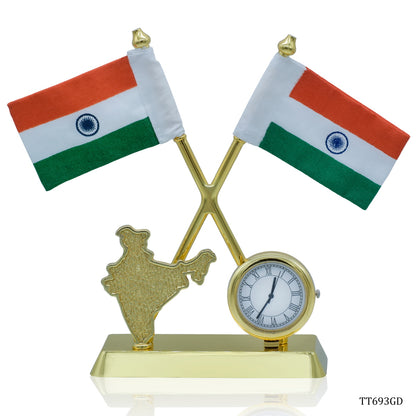 Gift To Love | Table  Cross Flag With India Map With Watch | Color : Golden | Code : TT693GD