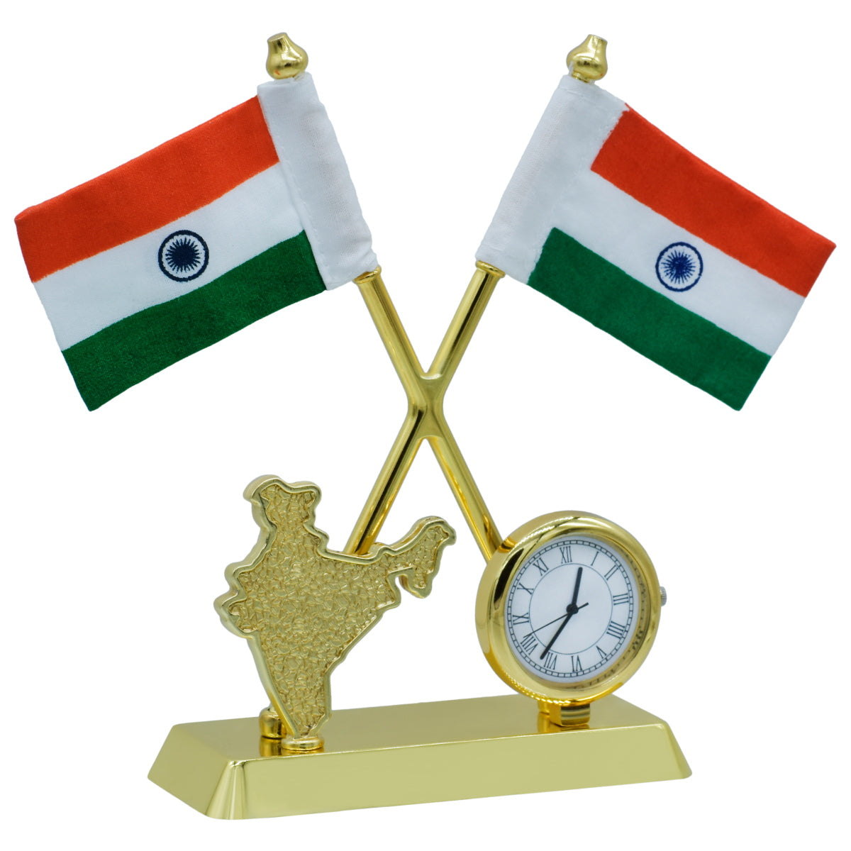 Gift To Love | Table  Cross Flag With India Map With Watch | Color : Golden | Code : TT693GD