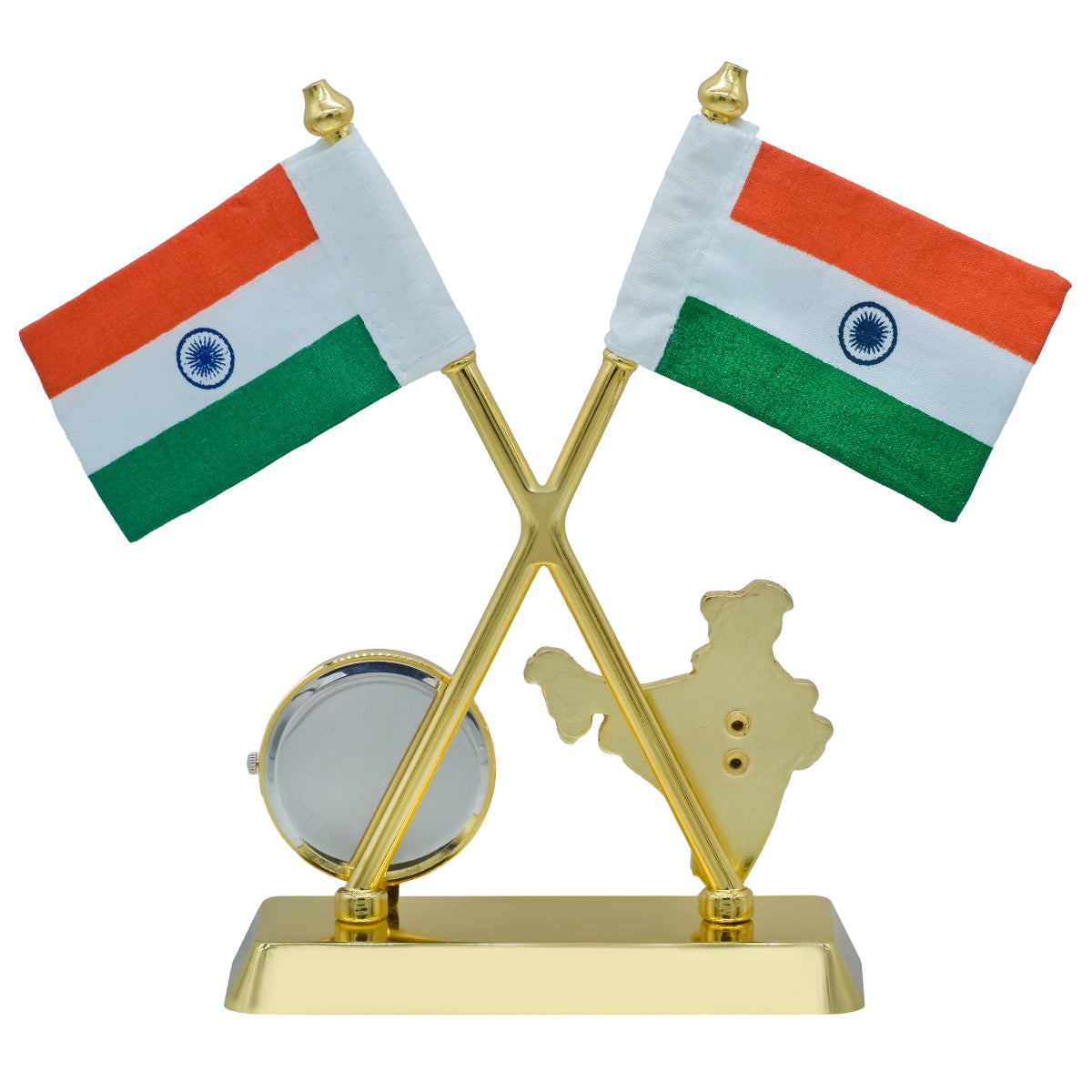 Gift To Love | Table  Cross Flag With India Map With Watch | Color : Golden | Code : TT693GD