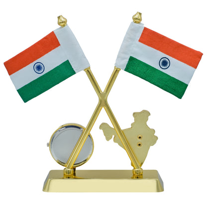 Gift To Love | Table  Cross Flag With India Map With Watch | Color : Golden | Code : TT693GD