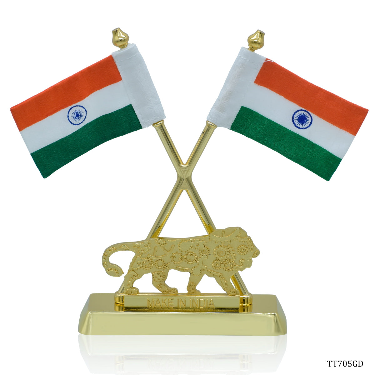 Gift To Love | Table  Cross Flag With Make In India | Color : Golden | Code : TT705GD
