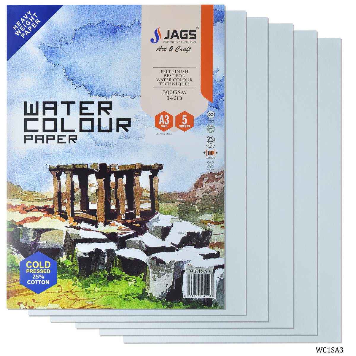 Gift To Love | Watercolor Sheet 25% Cotton A3 | Size : A3 | Pcs : Pack Of 5 Sheets | Code : WC1SA3
