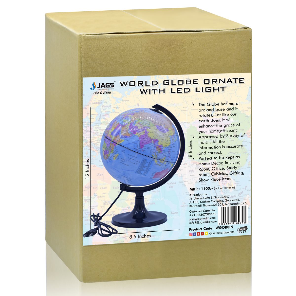 Gift To Love | World Globe Ornate | Color : Blue | Size : 8 Inch | Code : WGOB8IN