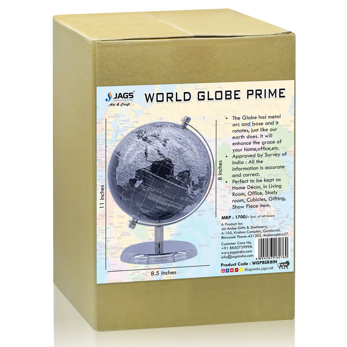 Gift To Love | World Globe Prime | Color : Black Silver | Size : 8 Inch | Code : WGPBSR8IN