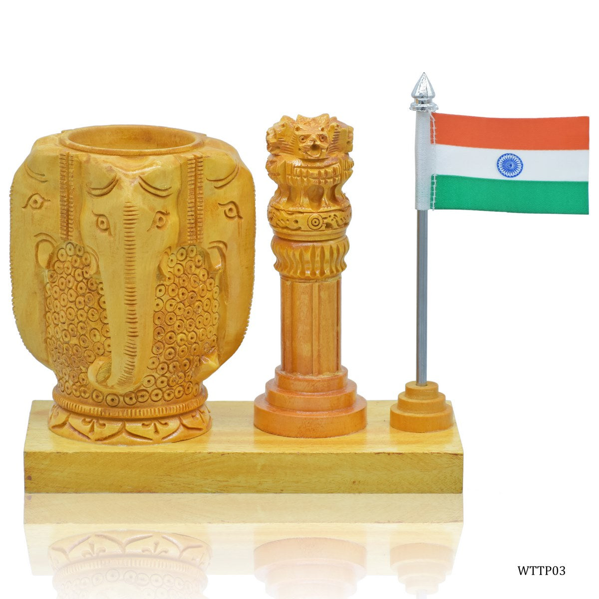 Gift To Love | Wooden Table  Pen Stand With Ashok Chakra Elephant | Code : WTTP03